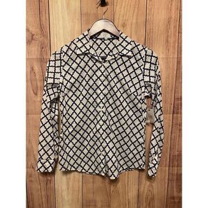 Crown & Ivy PP XS Petite NWT White Navy Geo Button-Up Blouse business light